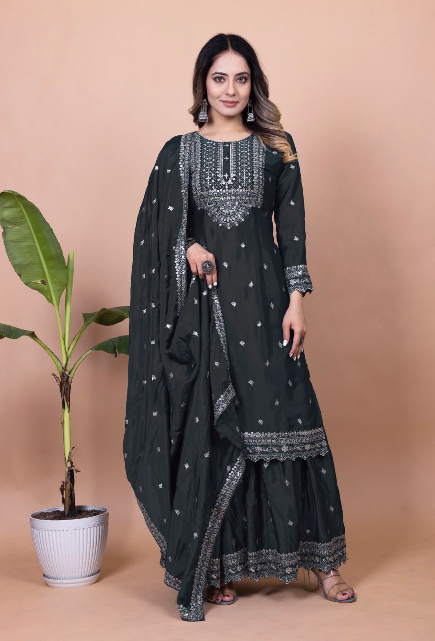 Teeya Creation Black Color Chinnon Silk Embroidery Work Fully Stitched Salwar Suit | Grocsy