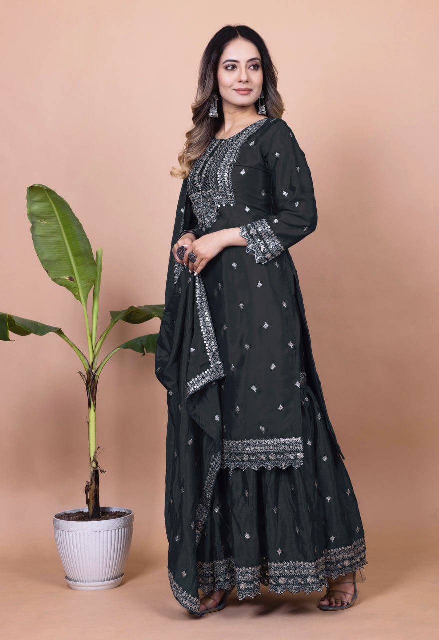 Teeya Creation Black Color Chinnon Silk Embroidery Work Fully Stitched Salwar Suit | Grocsy