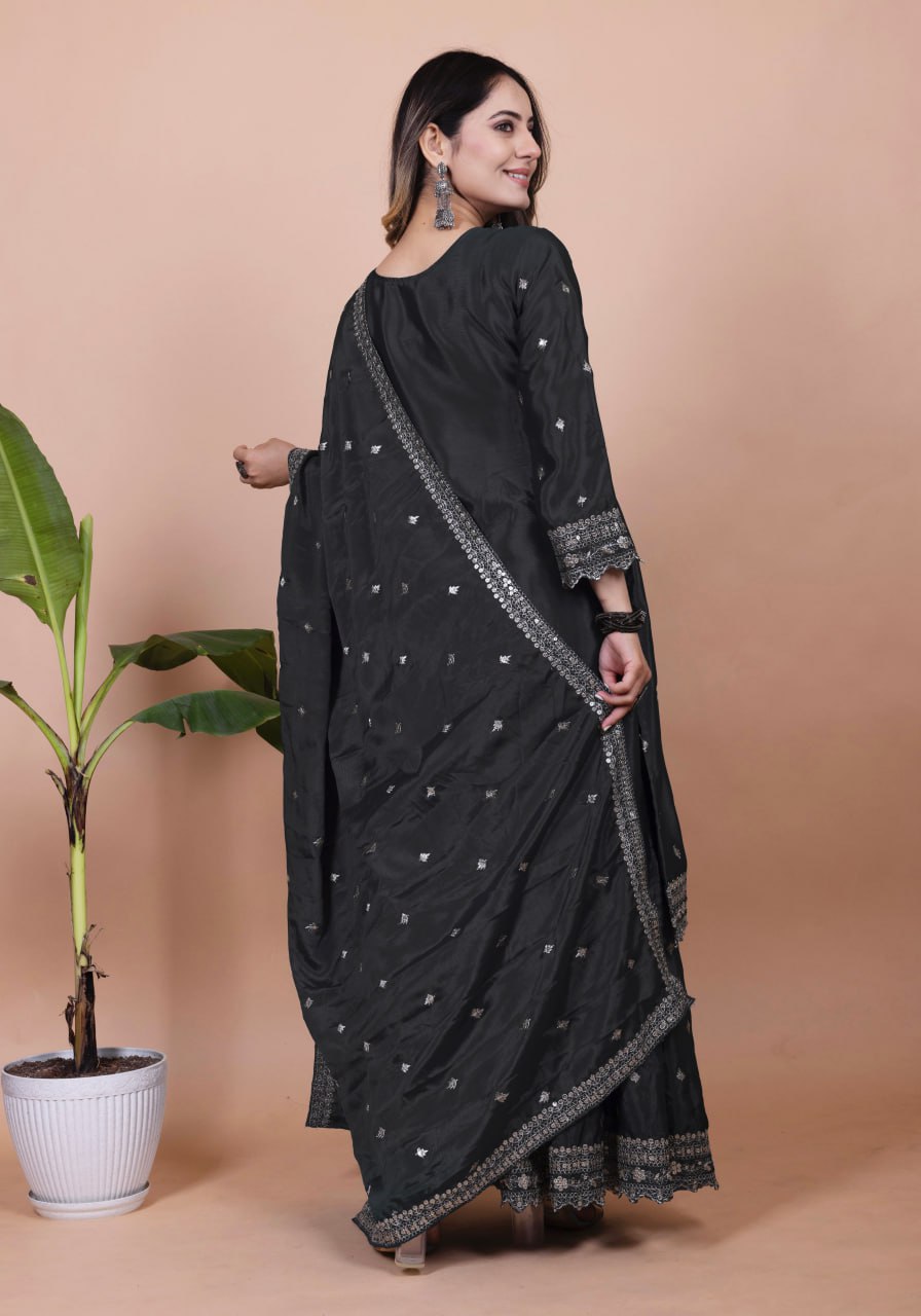 Teeya Creation Black Color Chinnon Silk Embroidery Work Fully Stitched Salwar Suit | Grocsy