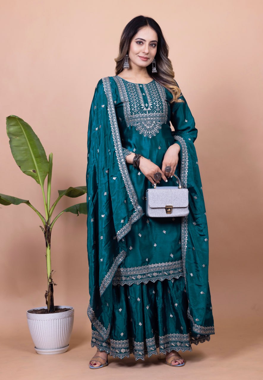 Teeya Creation More Peach Color Chinnon Silk Embroidery Work Fully Stitched Salwar Suit | Grocsy
