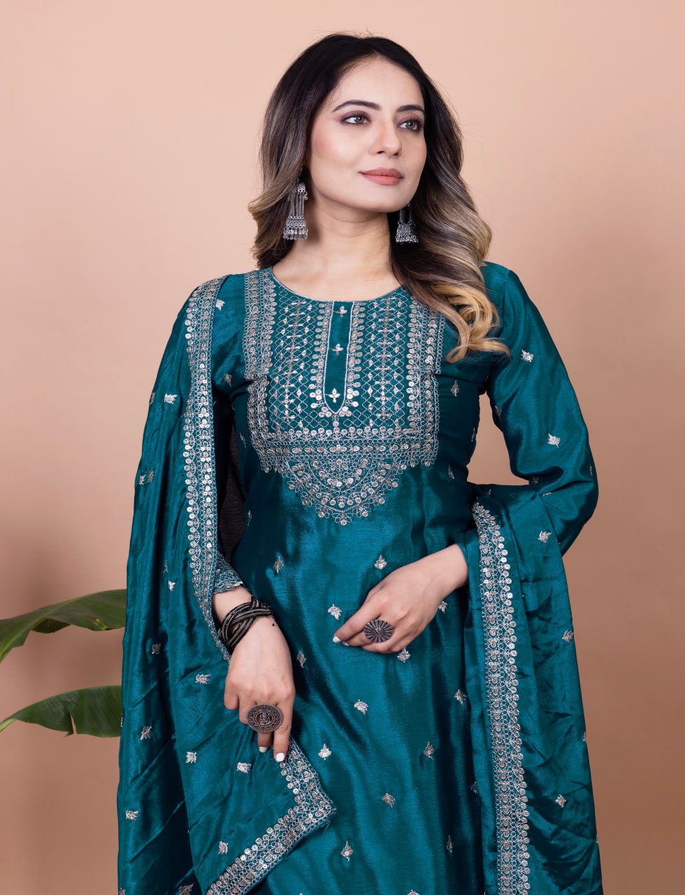 Teeya Creation More Peach Color Chinnon Silk Embroidery Work Fully Stitched Salwar Suit | Grocsy