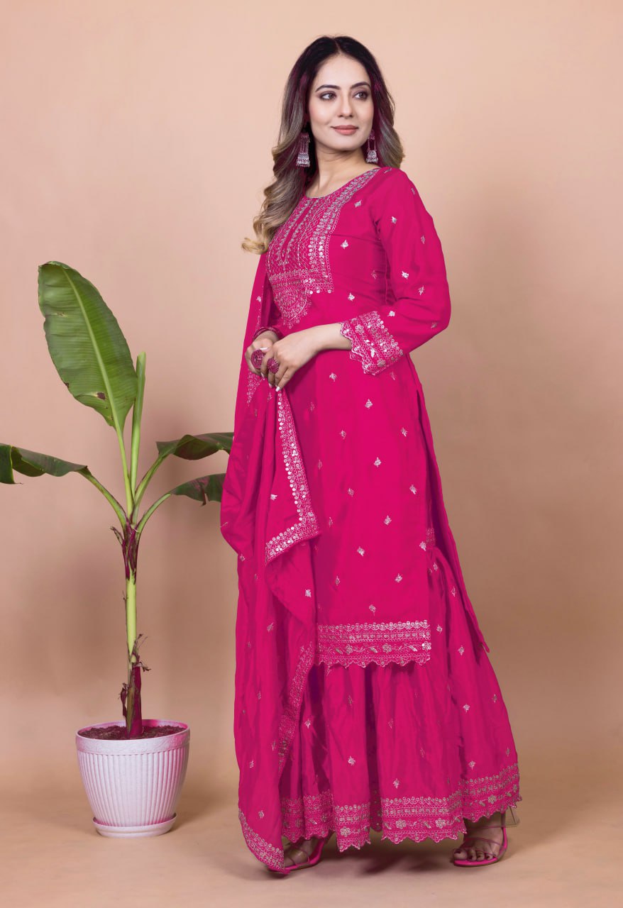 Teeya Creation Rani Color Chinnon Silk Embroidery Work Fully Stitched Salwar Suit | Grocsy
