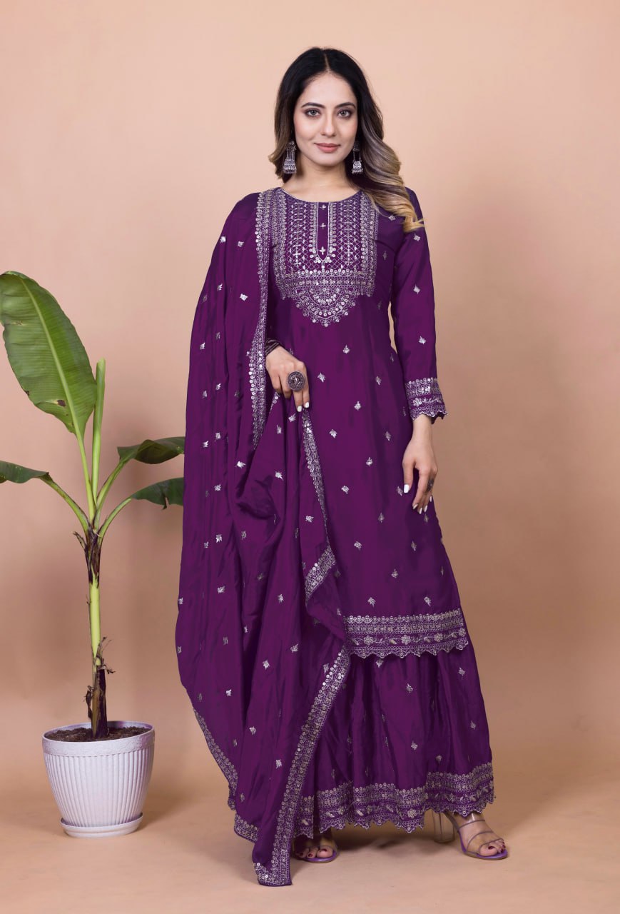 Teeya Creation Wine Color Chinnon Silk Embroidery Work Fully Stitched Salwar Suit | Grocsy