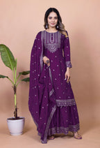 Teeya Creation Wine Color Chinnon Silk Embroidery Work Fully Stitched Salwar Suit | Grocsy