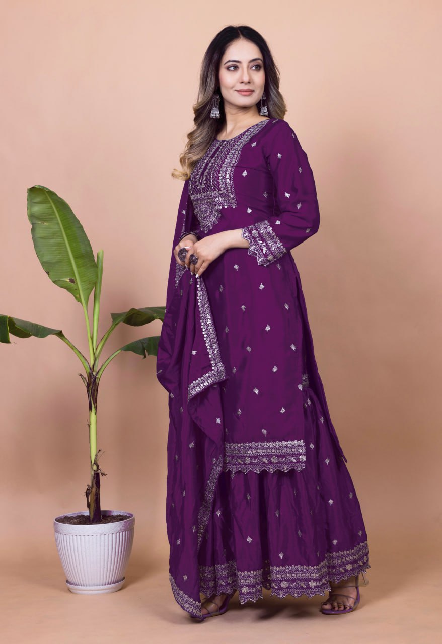 Teeya Creation Wine Color Chinnon Silk Embroidery Work Fully Stitched Salwar Suit | Grocsy