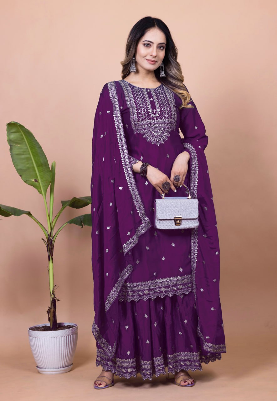 Teeya Creation Wine Color Chinnon Silk Embroidery Work Fully Stitched Salwar Suit | Grocsy