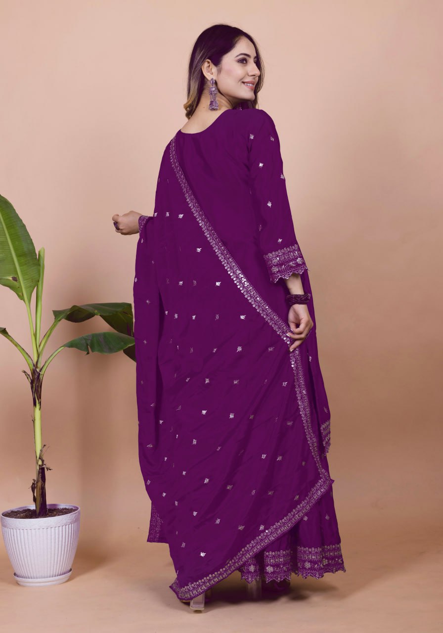 Teeya Creation Wine Color Chinnon Silk Embroidery Work Fully Stitched Salwar Suit | Grocsy