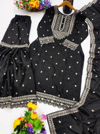 Prazu Fashion Black Chinon Silk Sequence Embroidered Sharara Suit | Grocsy