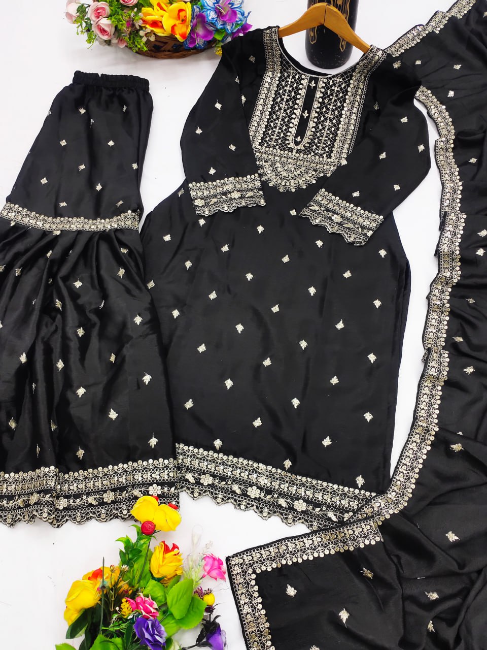 Prazu Fashion Black Chinon Silk Sequence Embroidered Sharara Suit | Grocsy