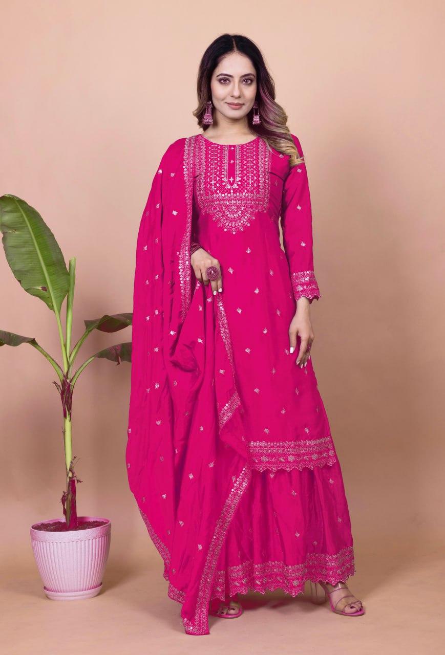 Prazu Fashion Pink Chinon Silk Sequence Embroidered Sharara Suit | Grocsy