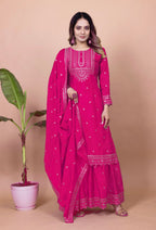 Prazu Fashion Pink Chinon Silk Sequence Embroidered Sharara Suit | Grocsy