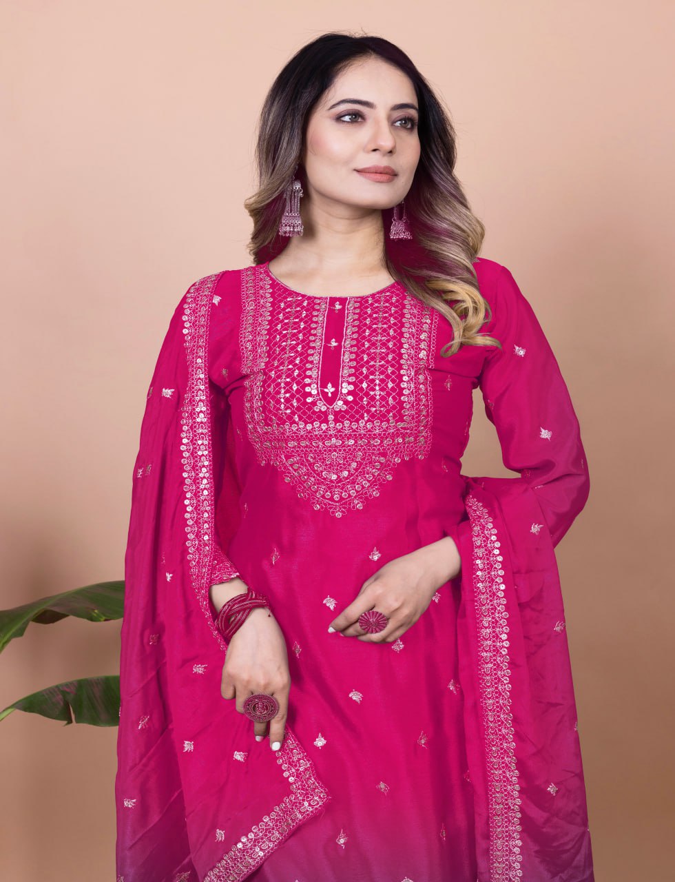 Prazu Fashion Pink Chinon Silk Sequence Embroidered Sharara Suit | Grocsy