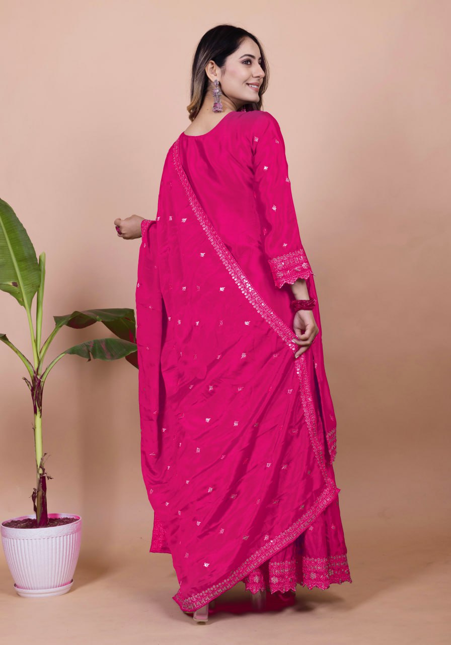 Prazu Fashion Pink Chinon Silk Sequence Embroidered Sharara Suit | Grocsy