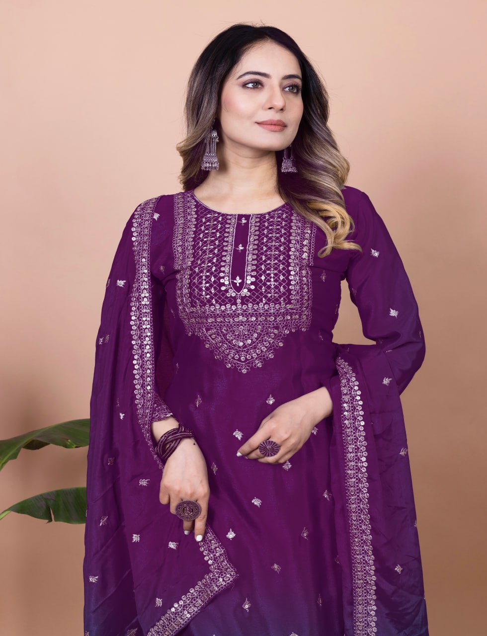 Prazu Fashion Purple Chinon Silk Sequence Embroidered Sharara Suit | Grocsy