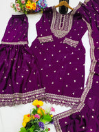 Prazu Fashion Purple Chinon Silk Sequence Embroidered Sharara Suit | Grocsy