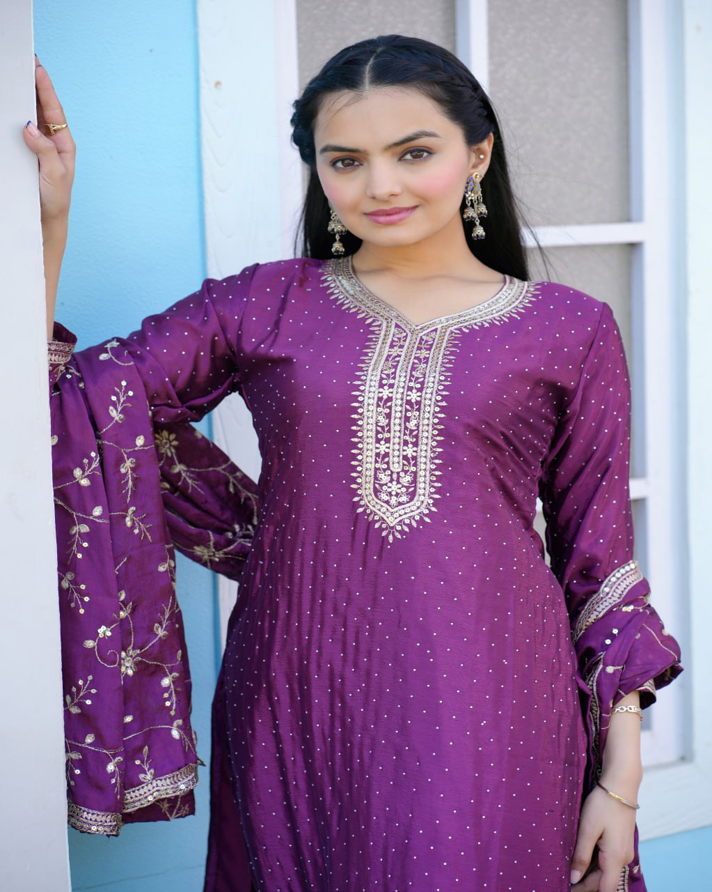 Teeya Creation Wine Color Chinnon Silk Embroidery Work Fully Stitched Salwar Suit | Grocsy