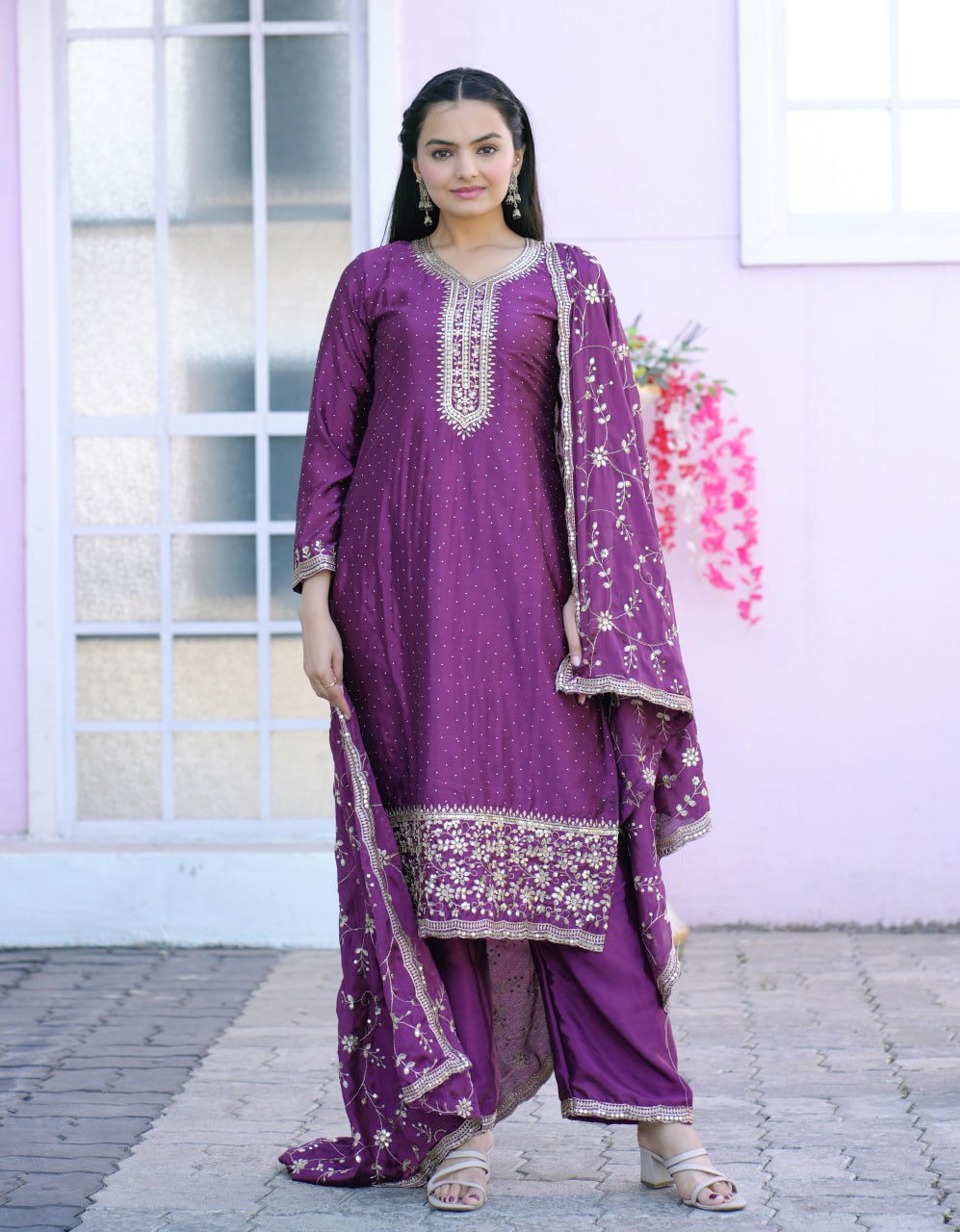 Teeya Creation Wine Color Chinnon Silk Embroidery Work Fully Stitched Salwar Suit | Grocsy
