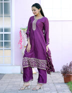 Teeya Creation Wine Color Chinnon Silk Embroidery Work Fully Stitched Salwar Suit | Grocsy
