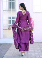 Teeya Creation Wine Color Chinnon Silk Embroidery Work Fully Stitched Salwar Suit | Grocsy