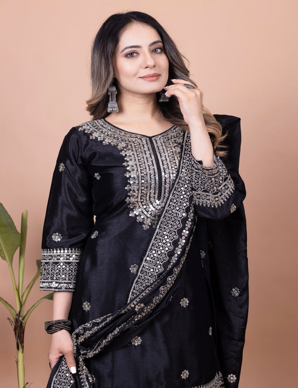 Teeya Creation Black Color Chinnon Silk Embroidery Work Fully Stitched Salwar Suit | Grocsy