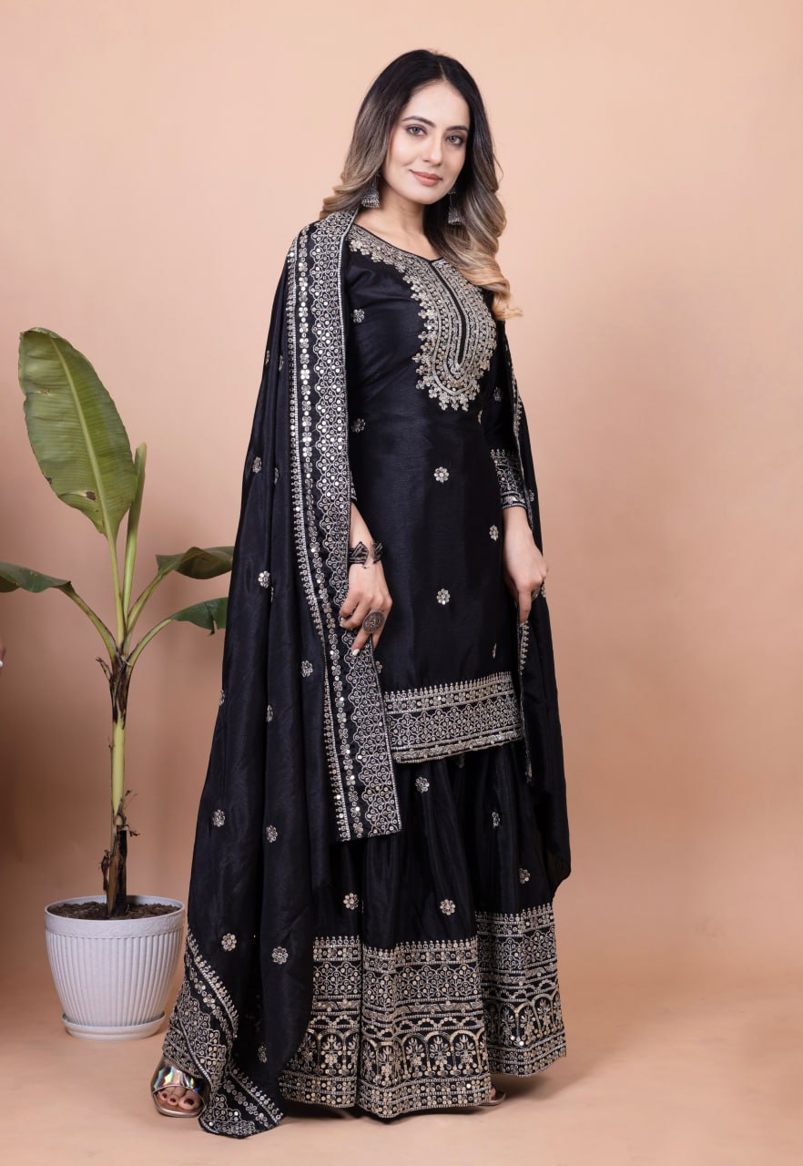 Teeya Creation Black Color Chinnon Silk Embroidery Work Fully Stitched Salwar Suit | Grocsy