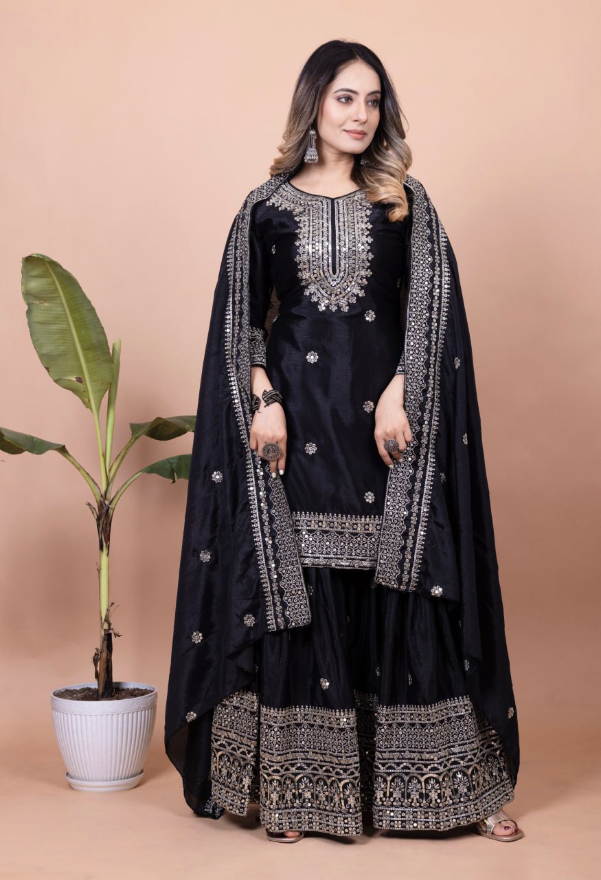 Teeya Creation Black Color Chinnon Silk Embroidery Work Fully Stitched Salwar Suit | Grocsy