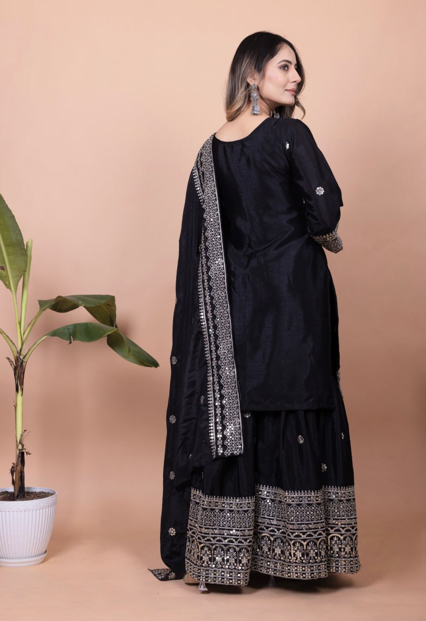Teeya Creation Black Color Chinnon Silk Embroidery Work Fully Stitched Salwar Suit | Grocsy