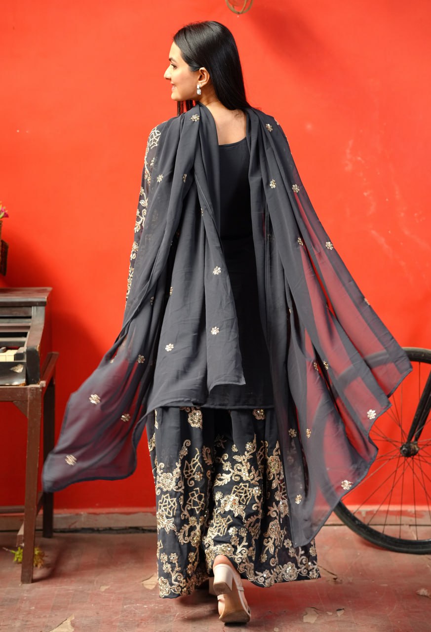 Teeya Creation Black Color Faux Georgette Embroidery Work Fully Stitched Salwar Suit | Grocsy