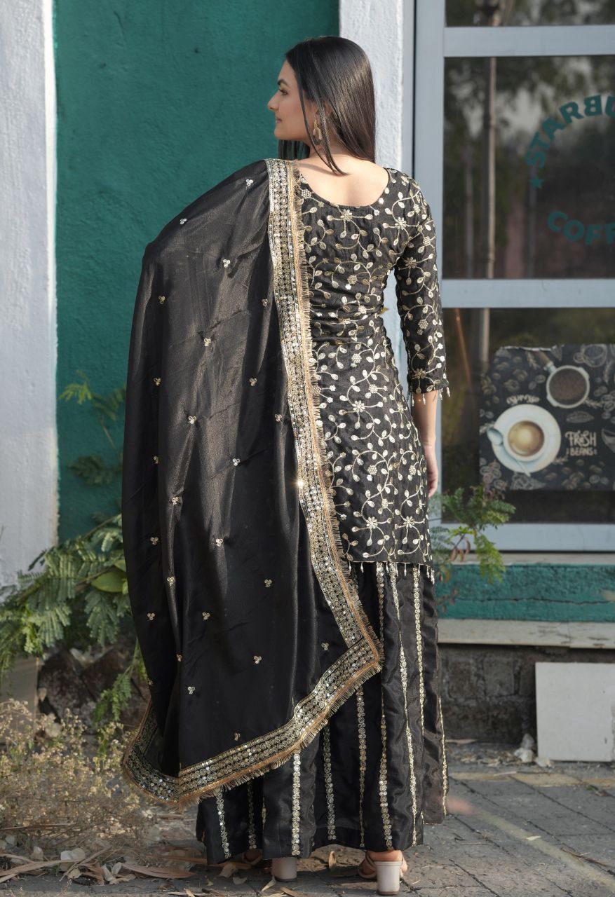 Teeya Creation Black Color Chinnon Silk Embroidery Work Fully Stitched Salwar Suit | Grocsy