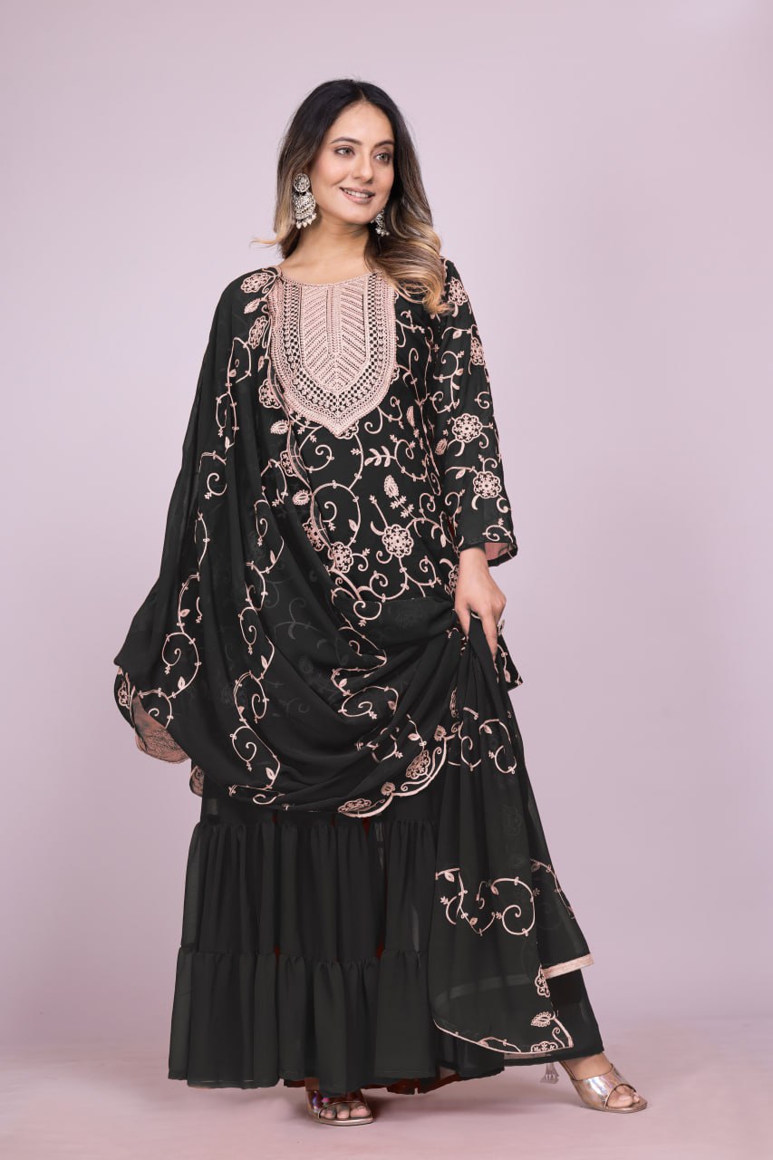 Teeya Creation Black Color Faux Georgette Embroidery Work Fully Stitched Salwar Suit | Grocsy