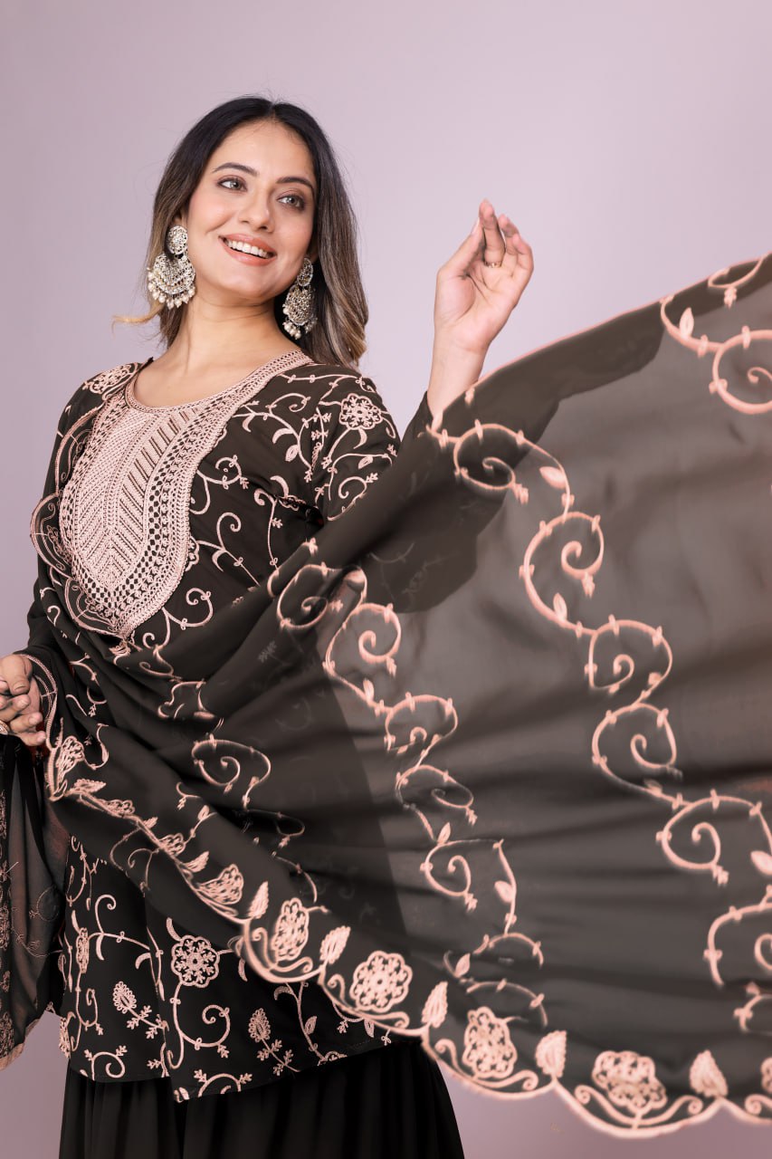 Teeya Creation Black Color Faux Georgette Embroidery Work Fully Stitched Salwar Suit | Grocsy