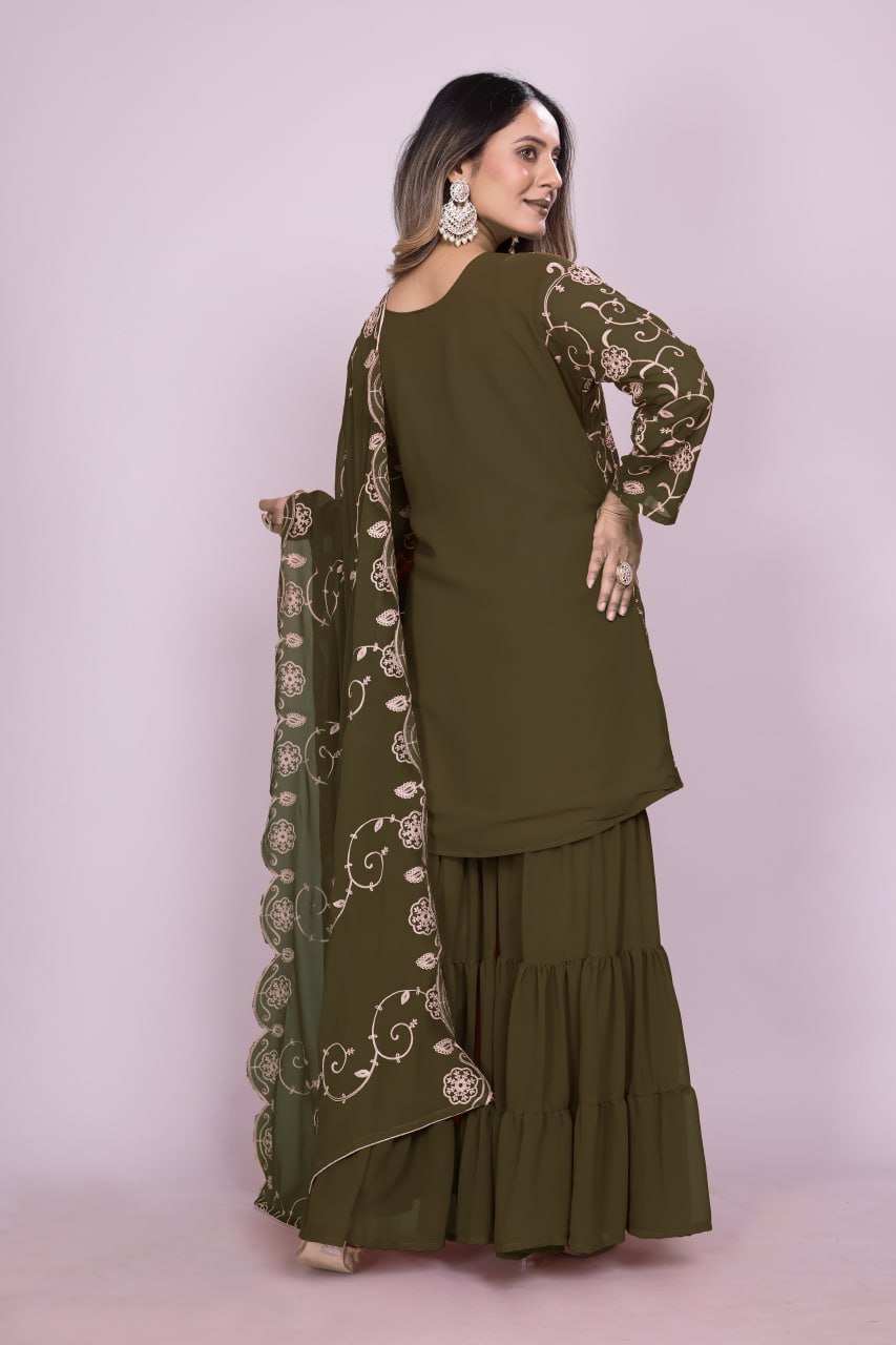 Teeya Creation Mehendi Color Faux Georgette Embroidery Work Fully Stitched Salwar Suit | Grocsy