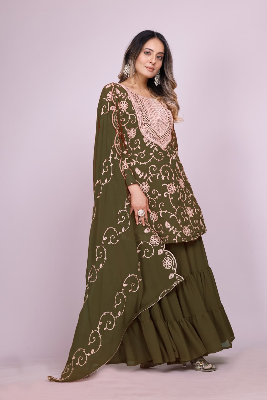 Teeya Creation Mehendi Color Faux Georgette Embroidery Work Fully Stitched Salwar Suit | Grocsy