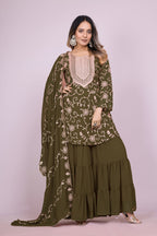 Teeya Creation Mehendi Color Faux Georgette Embroidery Work Fully Stitched Salwar Suit | Grocsy
