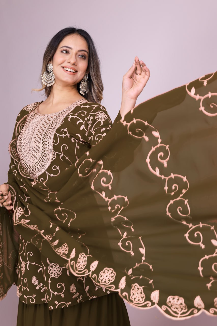 Teeya Creation Mehendi Color Faux Georgette Embroidery Work Fully Stitched Salwar Suit | Grocsy