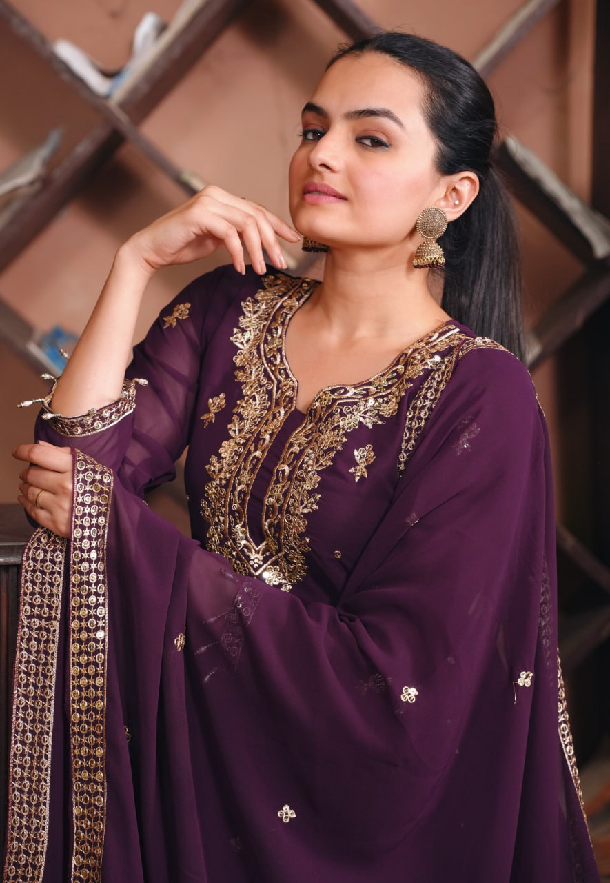 Prazu Fashion Dark Purple Georgette Sequence Embroidered Salwar Suit | Grocsy