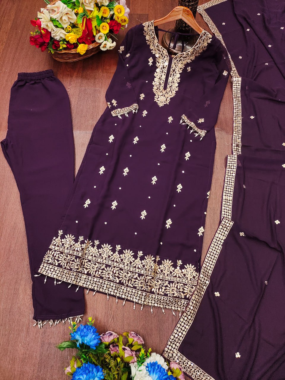 Prazu Fashion Dark Purple Georgette Sequence Embroidered Salwar Suit | Grocsy