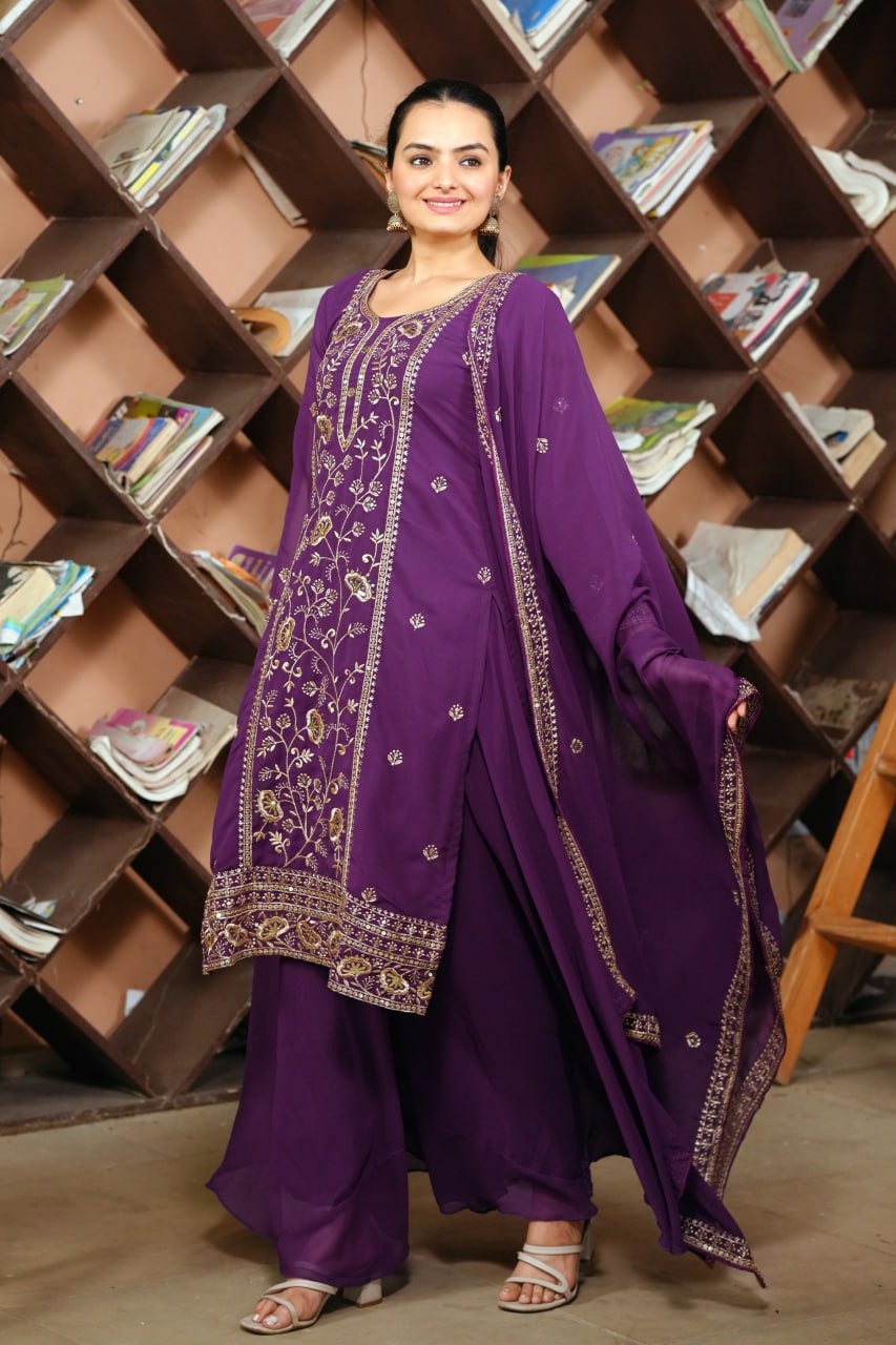 Prazu Fashion Purple Georgette Sequence Embroidered Sharara Suit | Grocsy