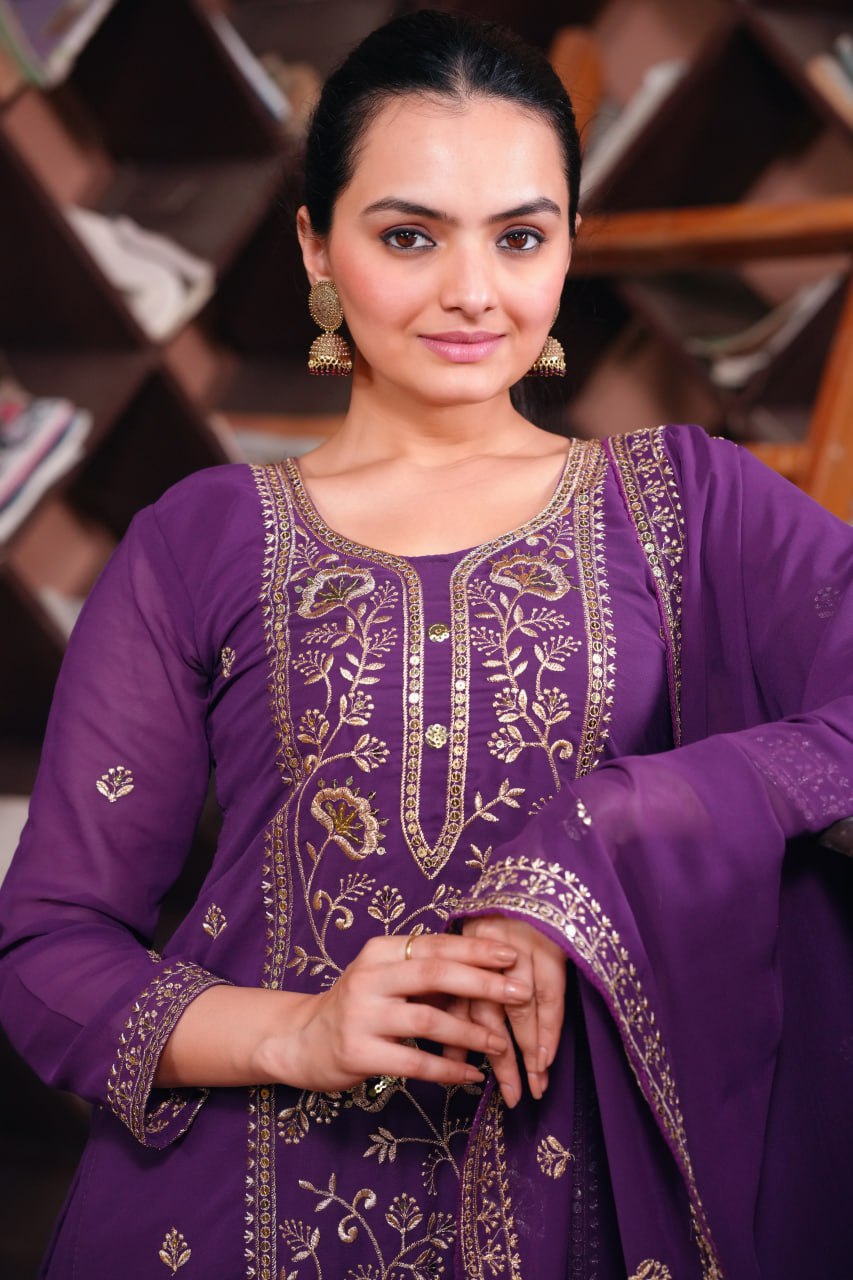 Prazu Fashion Purple Georgette Sequence Embroidered Sharara Suit | Grocsy