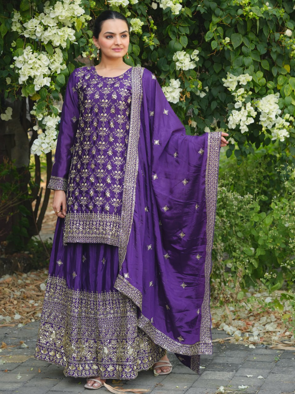 Prazu Fashion Violet Chinon Silk Sequence Embroidered Sharara Suit | Grocsy