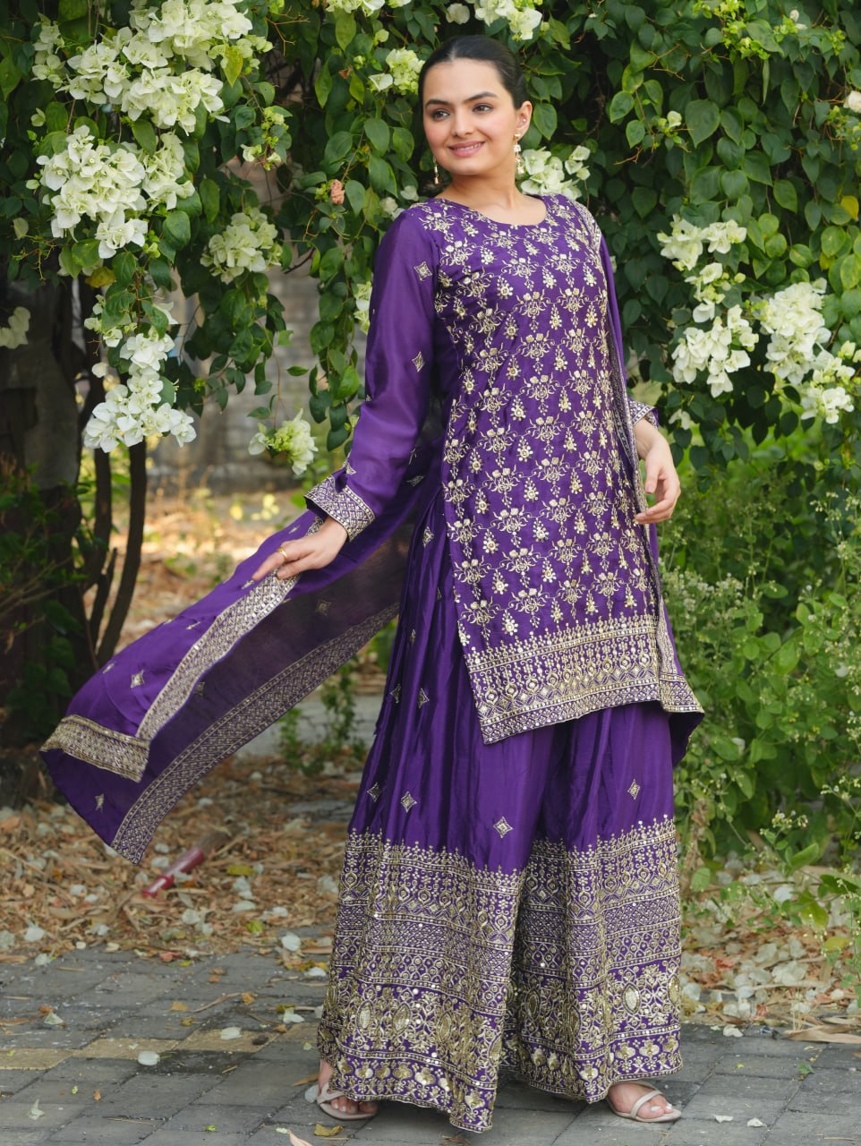 Prazu Fashion Violet Chinon Silk Sequence Embroidered Sharara Suit | Grocsy