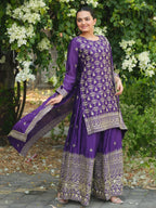 Prazu Fashion Violet Chinon Silk Sequence Embroidered Sharara Suit | Grocsy