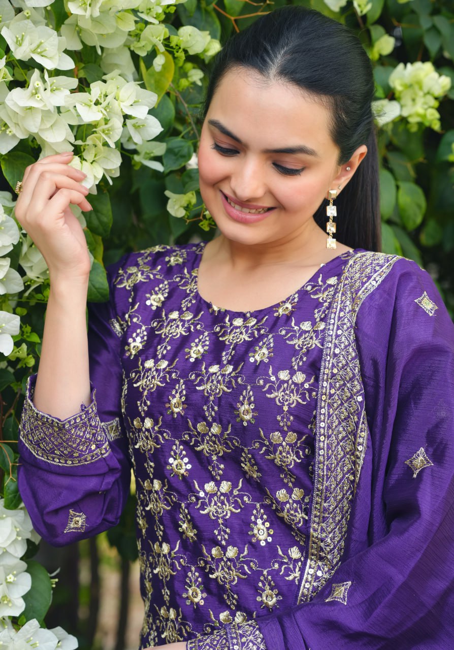 Prazu Fashion Violet Chinon Silk Sequence Embroidered Sharara Suit | Grocsy