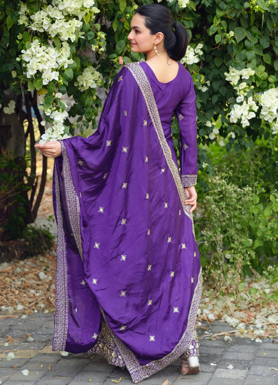 Prazu Fashion Violet Chinon Silk Sequence Embroidered Sharara Suit | Grocsy