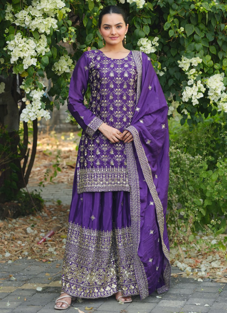 Prazu Fashion Violet Chinon Silk Sequence Embroidered Sharara Suit | Grocsy