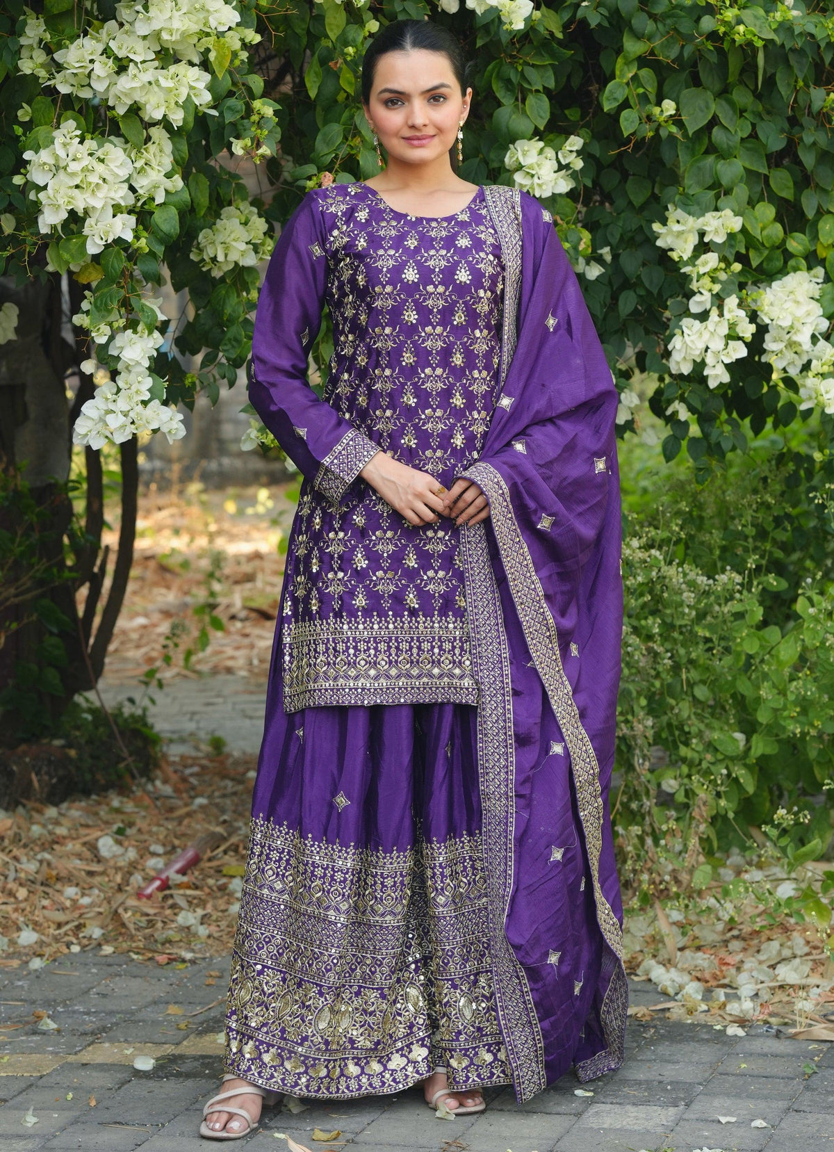Lehenga Mart Purple Chinon Silk Gorgeous Chinon Sharara Suit For Wedding Wear | Grocsy