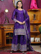 Prazu Fashion Violet Chinon Silk Sequence Embroidered Sharara Suit | Grocsy
