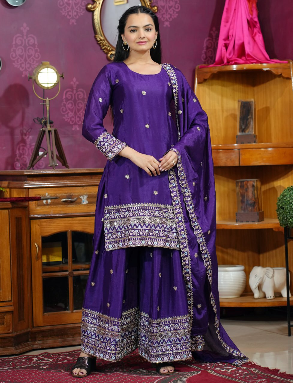 Prazu Fashion Violet Chinon Silk Sequence Embroidered Sharara Suit | Grocsy
