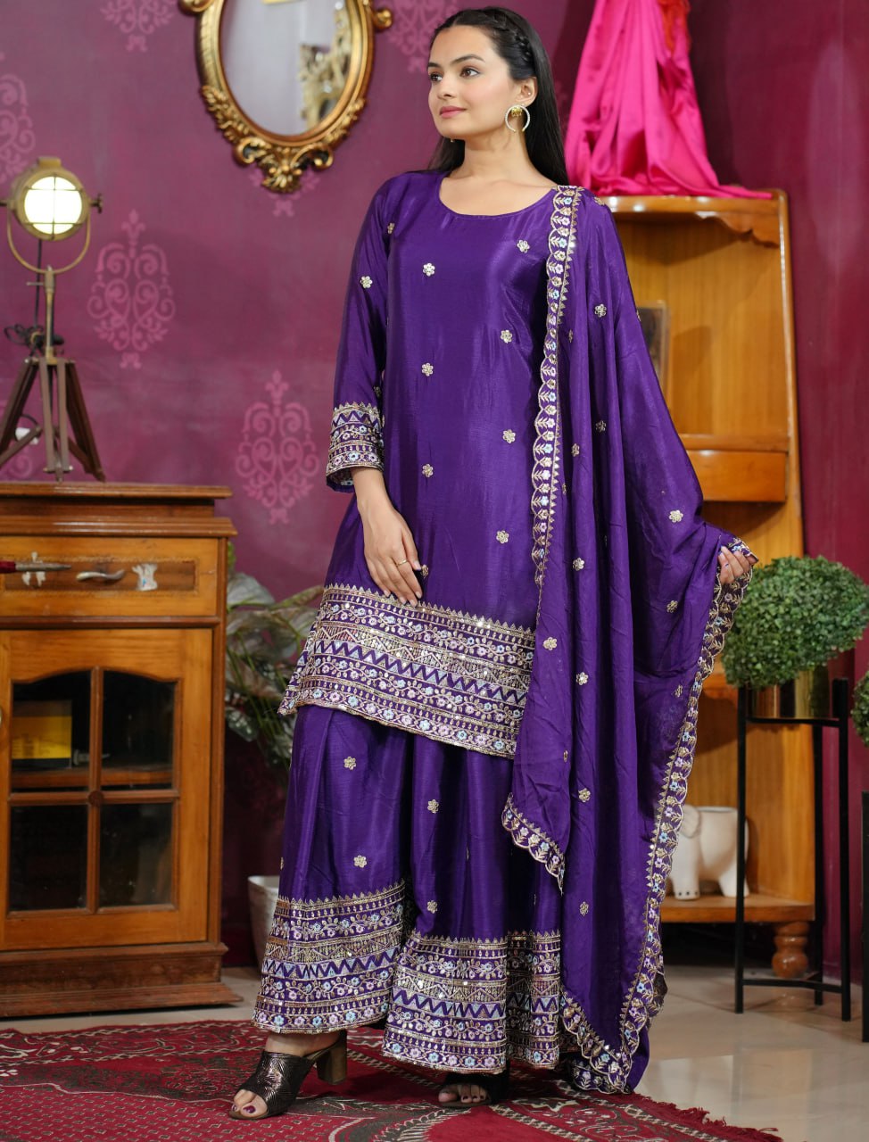 Prazu Fashion Violet Chinon Silk Sequence Embroidered Sharara Suit | Grocsy