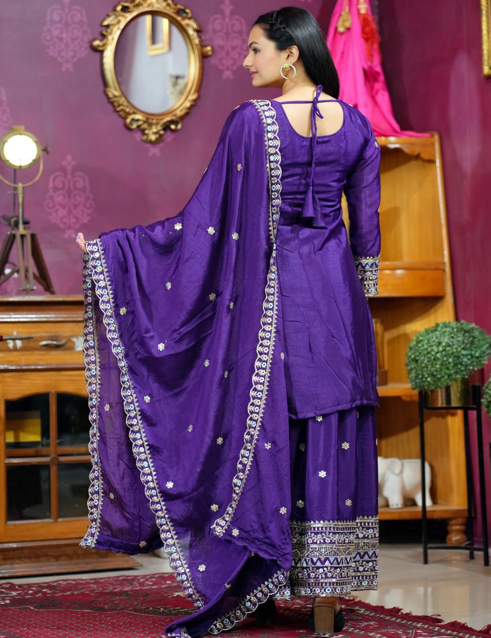 Prazu Fashion Violet Chinon Silk Sequence Embroidered Sharara Suit | Grocsy